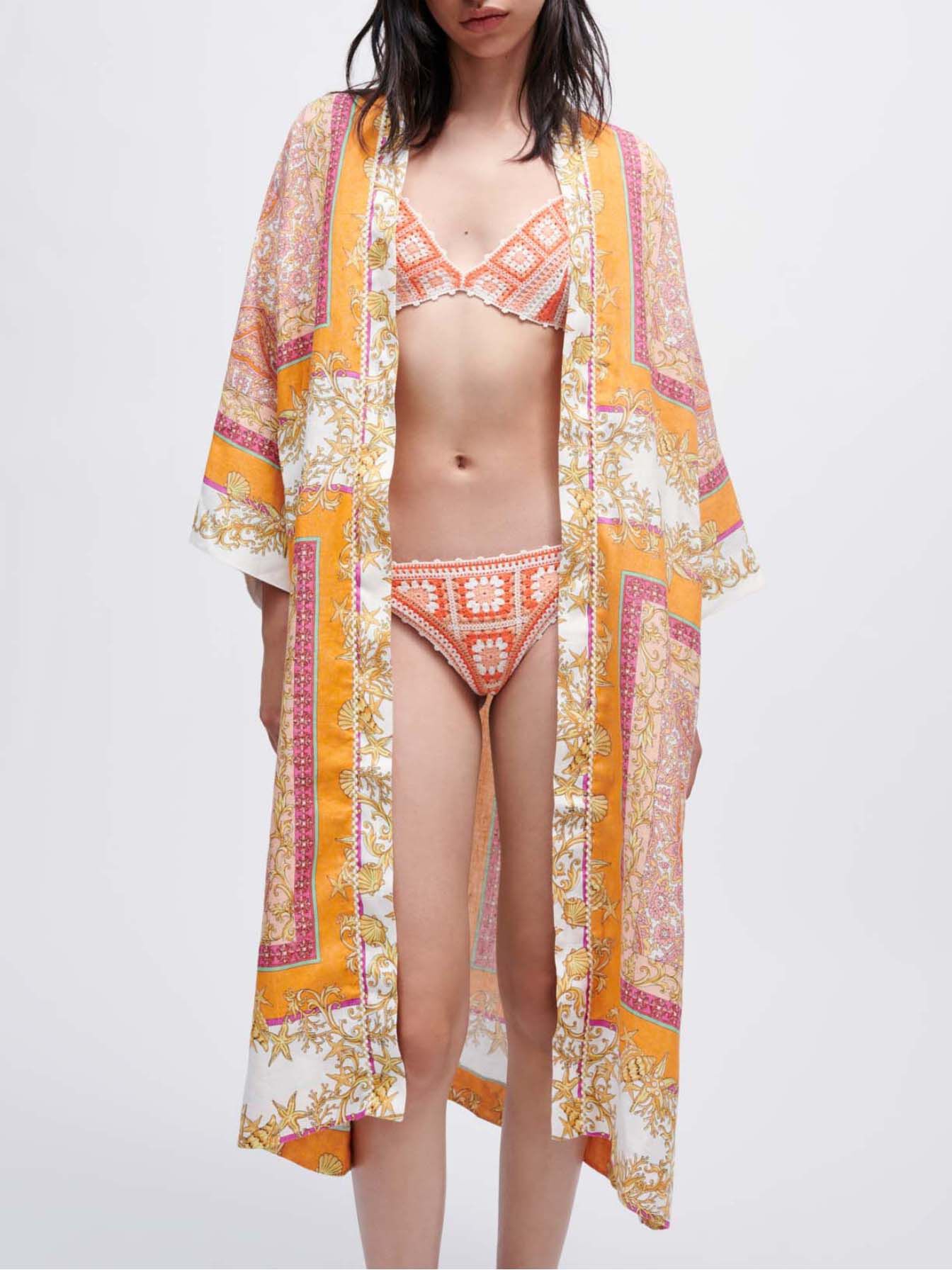 Kimono din in cu eșarfă imprimată - Foulard Coquillage