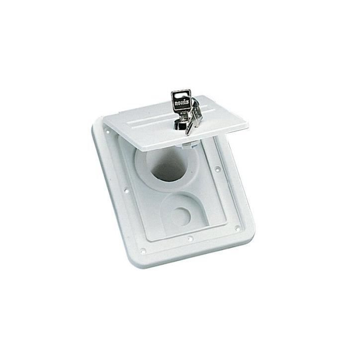 Vaso de llenado blanco con cierre para autocaravanas y caravanas.