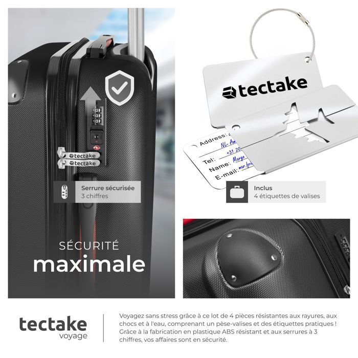 Juego de equipaje - TECTAKE - Juego de 4 maletas rígidas CLEO, báscula para equipaje, apilables, ruedas de 360°, cerradura de combinación - Negro