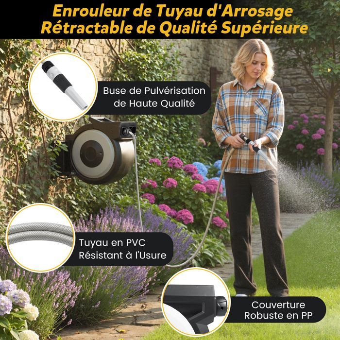 Enrouleur de Tuyau d'Arrosage Rétractable Mural 30m COSTWAY-Support Pivotant à 180°-Diamètre 15mm-Kit Complet-Buse de Pulvérisation