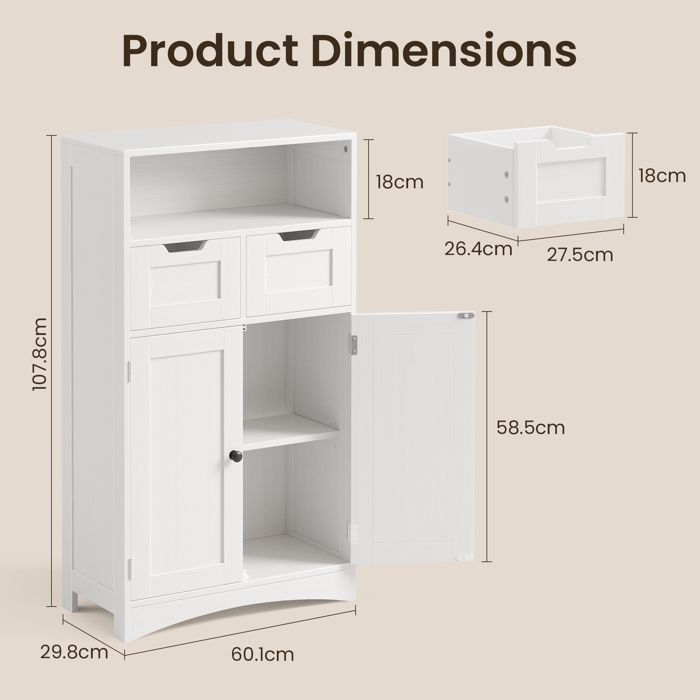 Badezimmer-Waschtischunterschrank – Bealife – Stauraum – 2 verstellbare Schubladen – verstellbare Einlegeböden – 2 Türen – Weiß – 60 x 30 x 108 cm