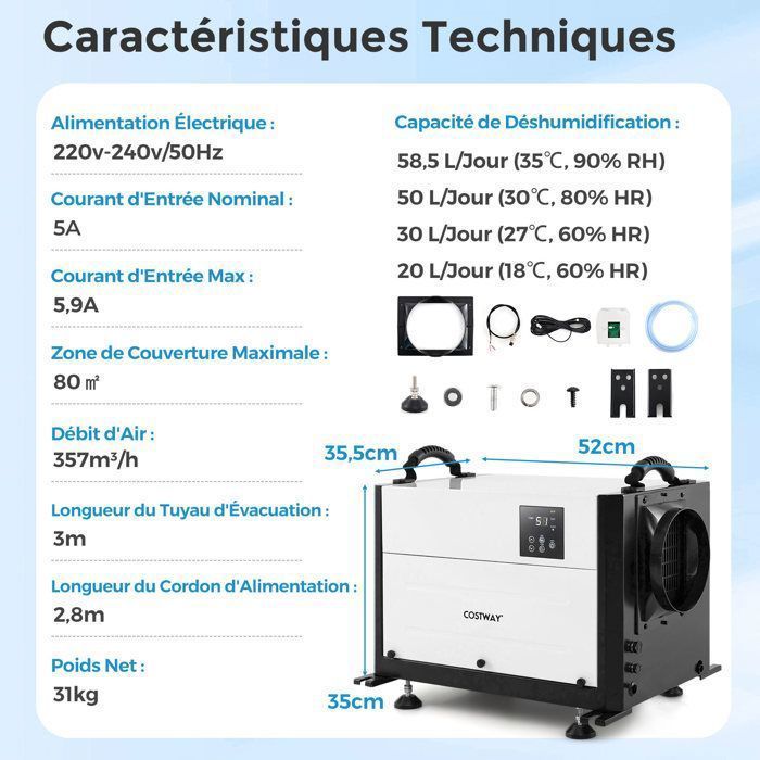 Deshumidificador profesional COSTWAY - 58,5 l/día - 3 modos - Temporizador de 24 horas - Inicio diferido - Hasta 80 m² - Descongelación automática - Blanco