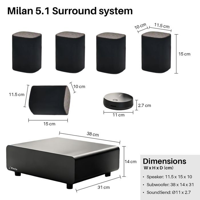 PLATIN Small Home Cinema System, 5.1 Stereo Surround Sound, Dolby Sound, Low Latency, WISA Certified, Black