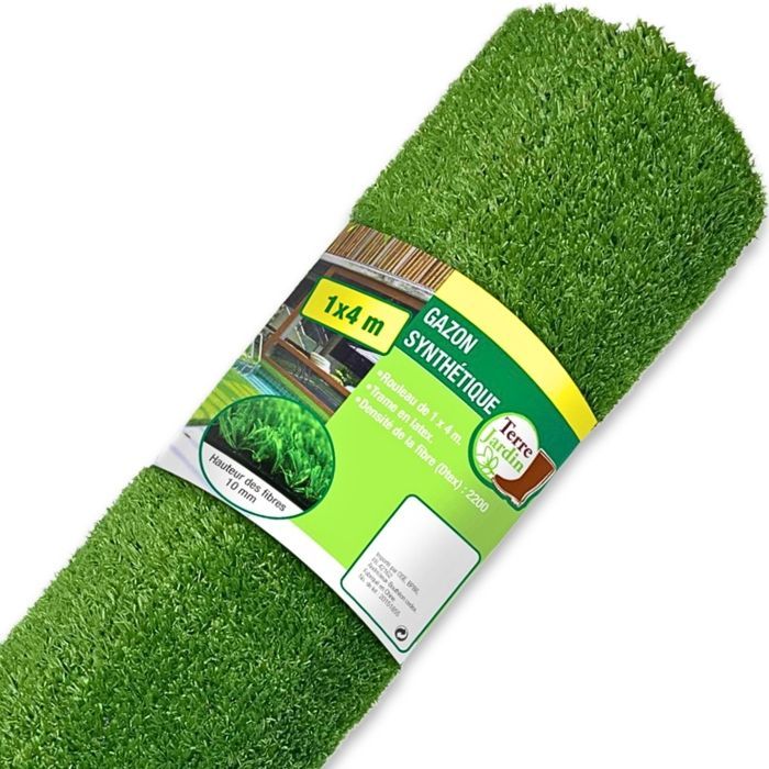 Gazon artificiel Synthétique en Rouleau -1 M x 4 M - Haute densité - 4M ² - TERRE JARDIN - Hauteur des fibres 1 cm - 2200 Dtex