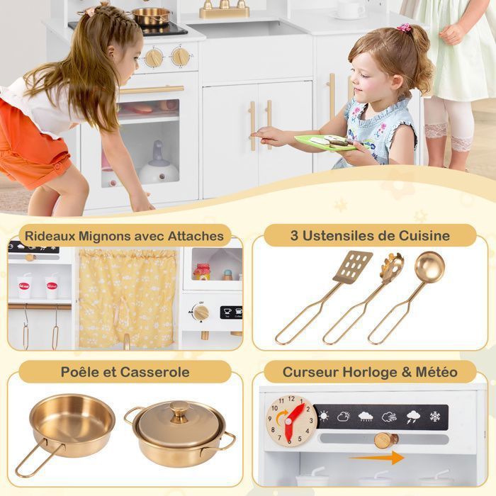 COSTWAY Cuisine de Jeu pour Enfants 3 Ans+ avec 6 Accessoires, Cafetière, Micro-ondes, Four, Sons et Lumières Réels, 90 x 30 x 90