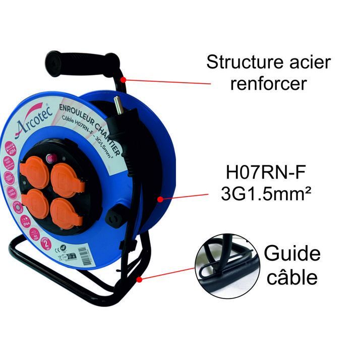 Enrouleur PRO de chantier 3G1.5 40m IP44 platine fixe (anti twist) - câble H07RN-F- 4 prises 16A - garantie 2 ans
