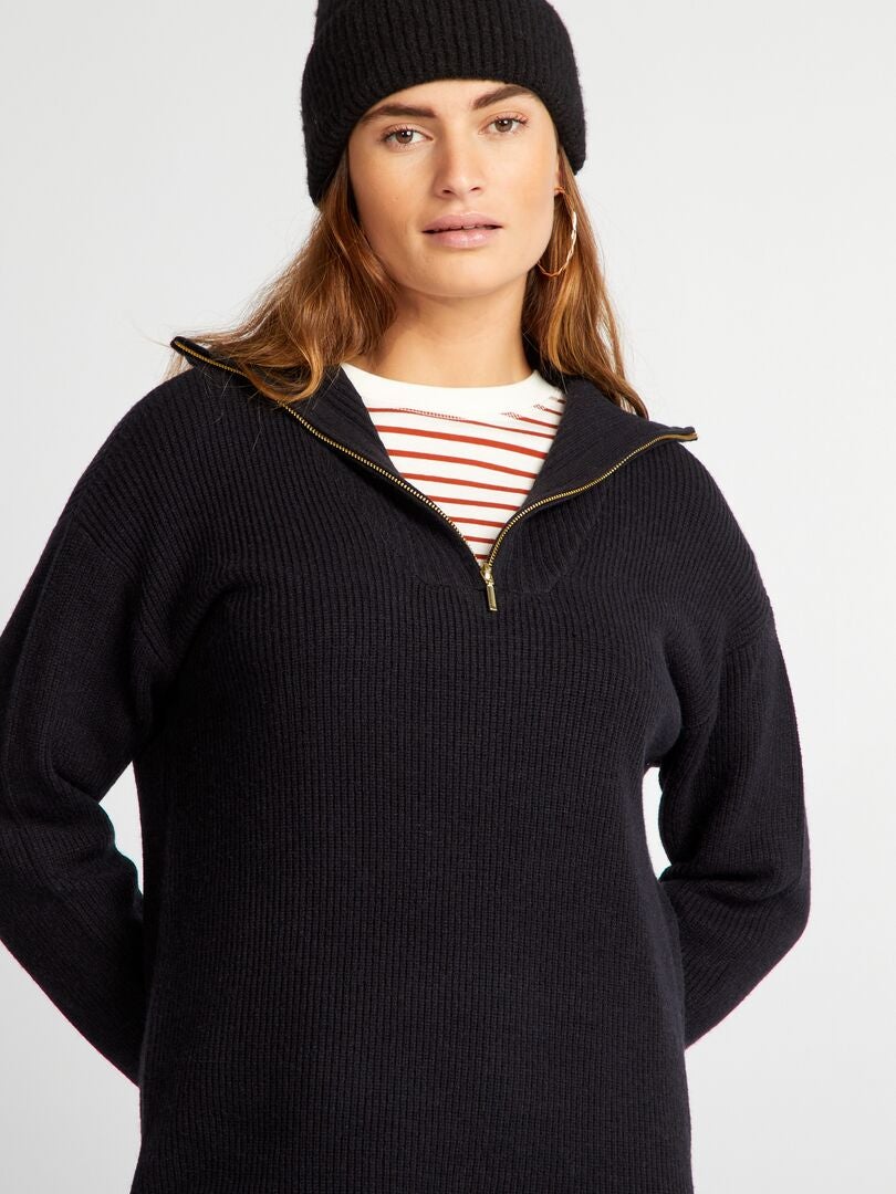 Suéter longo de gola alta com zíper - preto