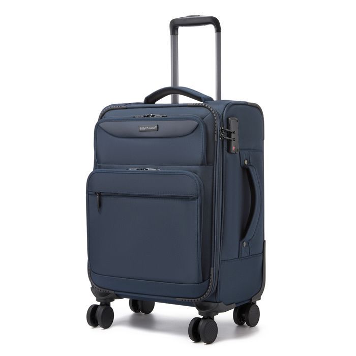 British Traveller Valise Cabine 57.5x37.5x25cm Extensible Souple Bagage à Main Léger avec Serrure TSA et 4 Roues, 40.5L, Marine