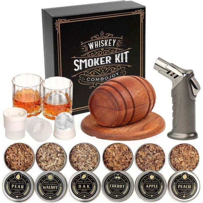 Kit de Fumoir pour Whisky avec Chalumeau - 6 arômes de copeaux de bois, 2 Verres, 2 Moules à Glaçons Sphériques - Kit Fumoir