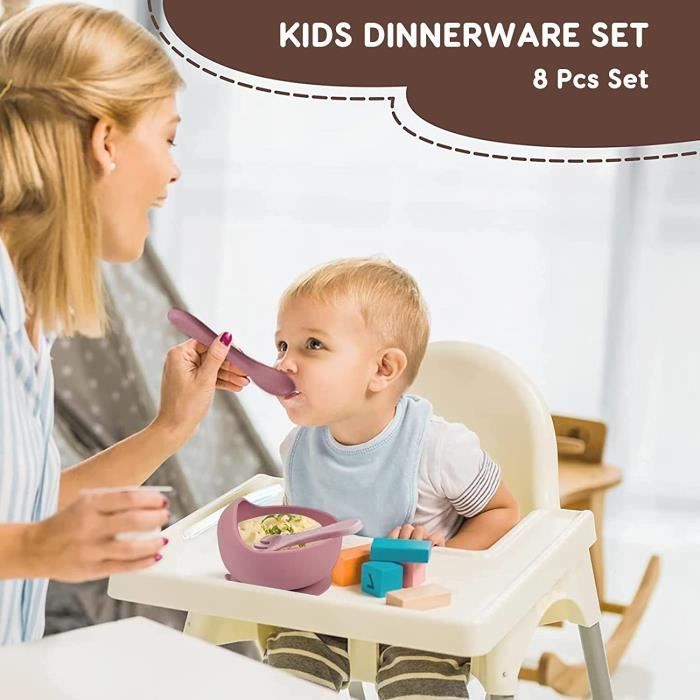 Children's Tableware Set - Brand - 8-Piece Silicone Baby Plate Set - Pink - BPA Free