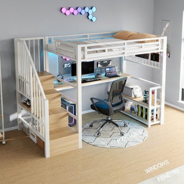 Lit mezzanine - LANGTU - 90x200 - Bureau intégré - LED réglable - Rangement escalier, USB/Type-C