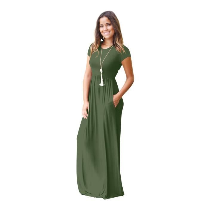 Vestido largo de verano para mujer, cuello redondo, color liso con bolsillos - Verde