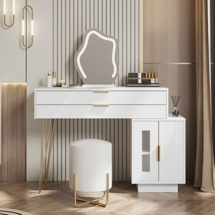 Tavolo da trucco Lemonbest con specchio a LED 100 x 40 x 78 cm, tavolo da trucco moderno con 2 cassetti e 2 ante - Bianco