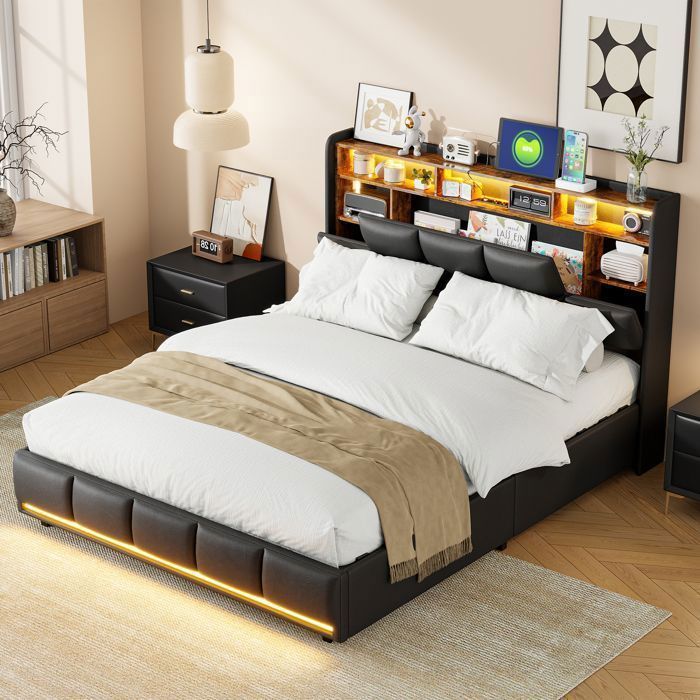Cama com gavetas e iluminação LED, 140x200 mm, com estrado de ripas, 2 tomadas e 2 portas USB, revestida em couro sintético, estofada, com cabeceira e espaço para armazenamento, ideal para adultos e adolescentes, na cor preta.