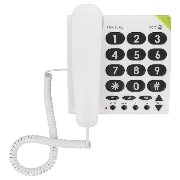Teléfono con cable Doro PhoneEasy 311c, blanco, botones grandes, audífono para personas mayores