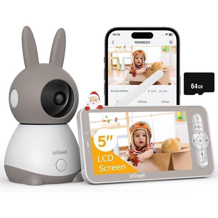 Babyphone Caméra Bébé 2K 5'' PTZ 360° | Visiophone Connecté Smartphone | Alertes Intelligentes Vision Nocturne | Carte 64Go Incluse