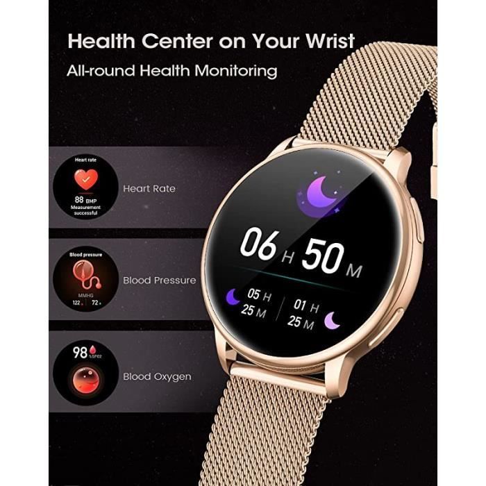 Damen-Smartwatch mit Bluetooth-Anruffunktion, 1,32-Zoll-HD-Display und Funktionen: SpO2-Messung, Herzfrequenzmessung, Schlafüberwachung, 19-Zoll-Gold
