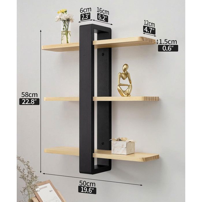 Grande étagère murale en bois Étagère flottante réglable 3 niveaux 50x58cm Organisateur suspendu pour maison bureau noir