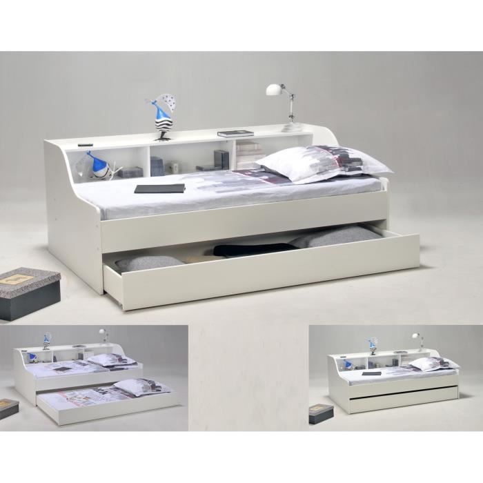Lit enfant PALMA - WEBER INDUSTRIES - Contemporain - Mélaminé blanc - Avec tiroir lit et étagères intégrés