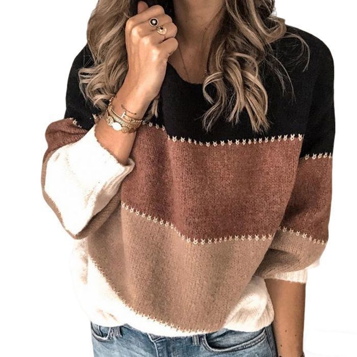 Jersey de mujer bicolor de cuello redondo y manga larga, estilo casual chic, otoño 2025, negro y marrón.