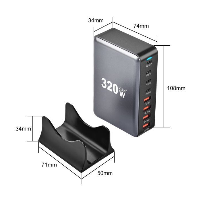 Cargador USB-C multipuerto de 320 W, estación de carga rápida con tecnología GaN III de 8 puertos y regleta de alimentación USB de 4 A + 4 C, color gris.
