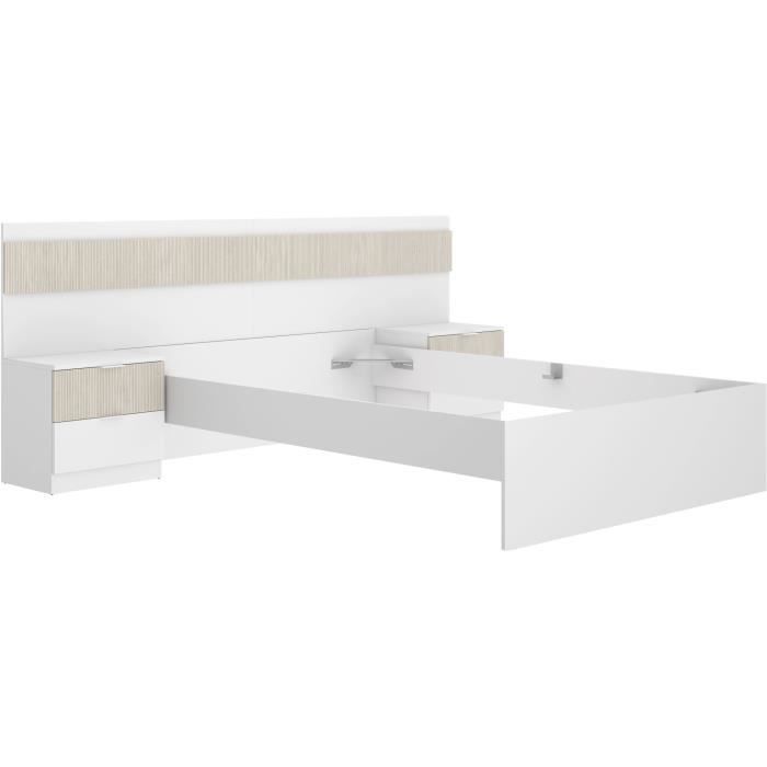 Cama adulta con mesillas de noche integradas - BIANCA - 160 x 200 cm - Blanco / Madera