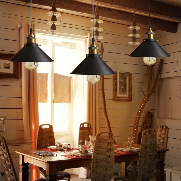 Rétro 3 Luminaires Suspensions Noir Industrielle E27-Ø22 cm Métal Lustre Abat-jour plafonnier Intérieur Eclairage Decoratif