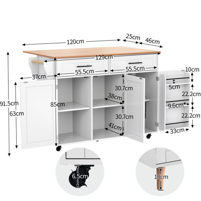 Isla de cocina con ruedas, encimera de madera plegable, tres puertas y dos cajones, carrito de servicio/buffet, color blanco.