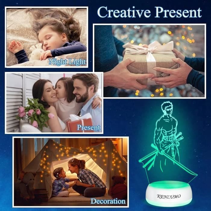 KENLUMO Roronoa Zoro Lamp, kerstcadeau voor kinderen, nachtlampje uit één stuk met afstandsbediening, kleurverandering door aanraken, decoratie