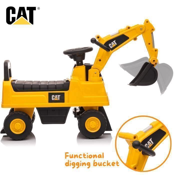 Escavatore CAT giocattolo cavalcabile per bambini - Giallo - Età da 1 a 3 anni - Prodotto con licenza ufficiale - Braccio escavatore funzionante - 25 kg