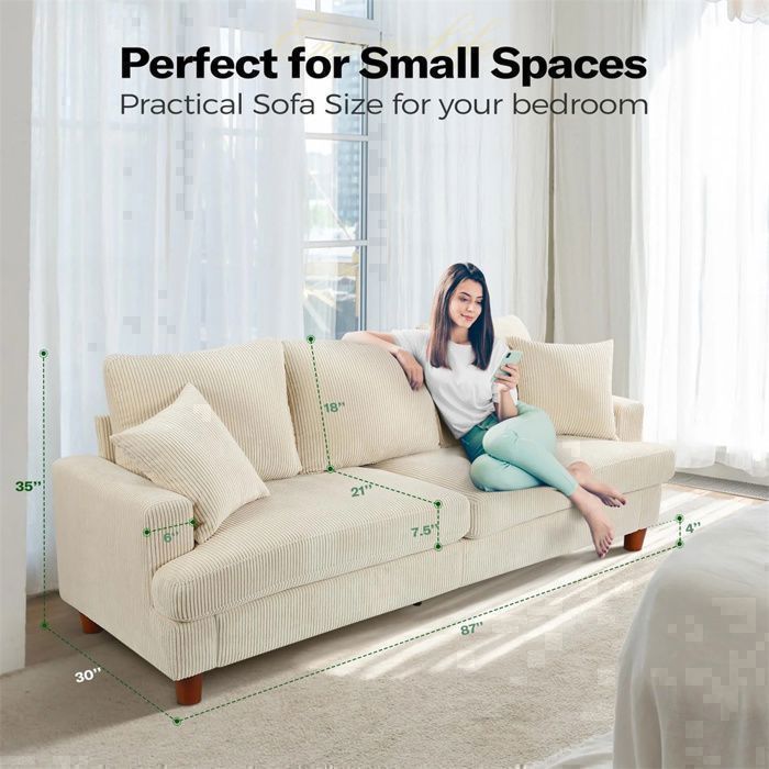Large 3-Seater Beige Corduroy Sofa, Scandinavian Style with 3 Cushions and 2 Pillows for the Living Room, 220×76×84cm