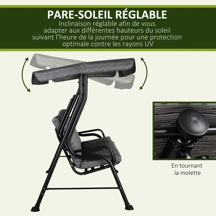 Altalena da giardino - Outsunny - 3 posti, comfort extra, tettuccio reclinabile, cuscini - acciaio - grigio/nero