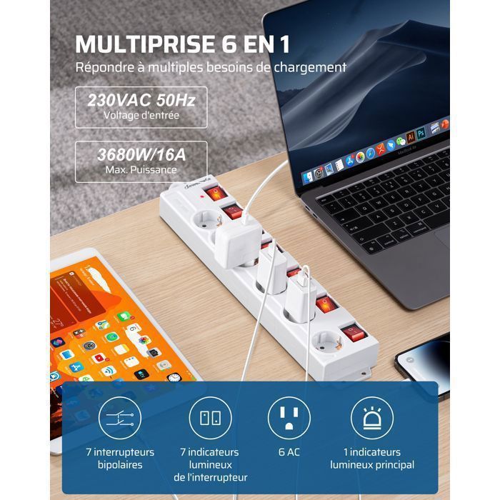 DEWENWILS Multiprise parafoudre 16A - 6 Prises avec 7 Interrupteurs - Câble 2M - Blanc - 3680W max.