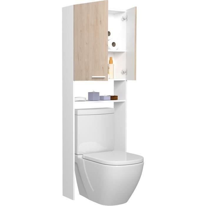 Estantería para baño/lavadero - Acabado en roble y blanco - 2 puertas - 64,2 x 21,8 x 184 cm - WOODY