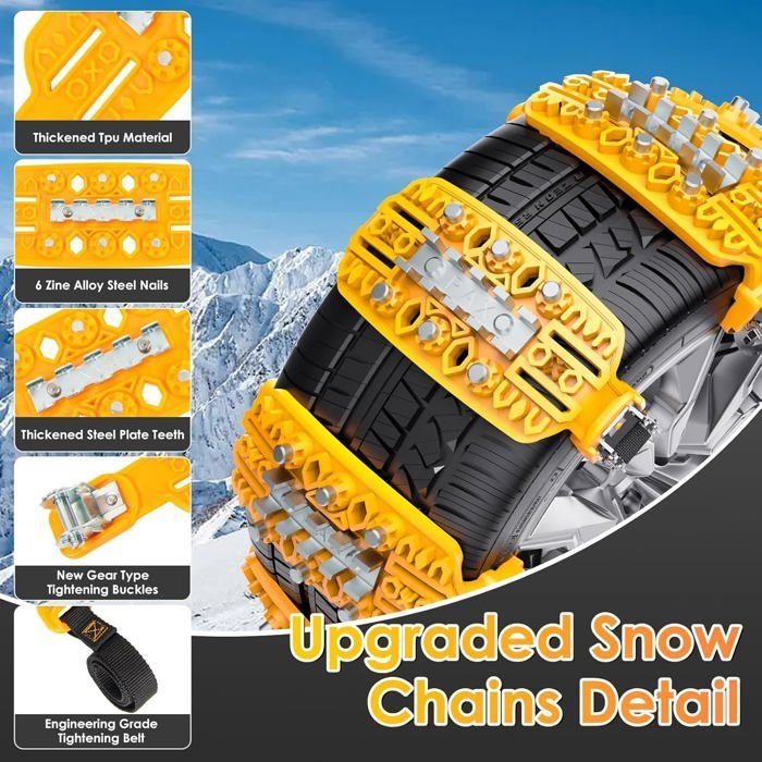 Cadenas de nieve universales - Antideslizantes - Para neumáticos de 165-265 mm - Clavos de aleación - Material TPU