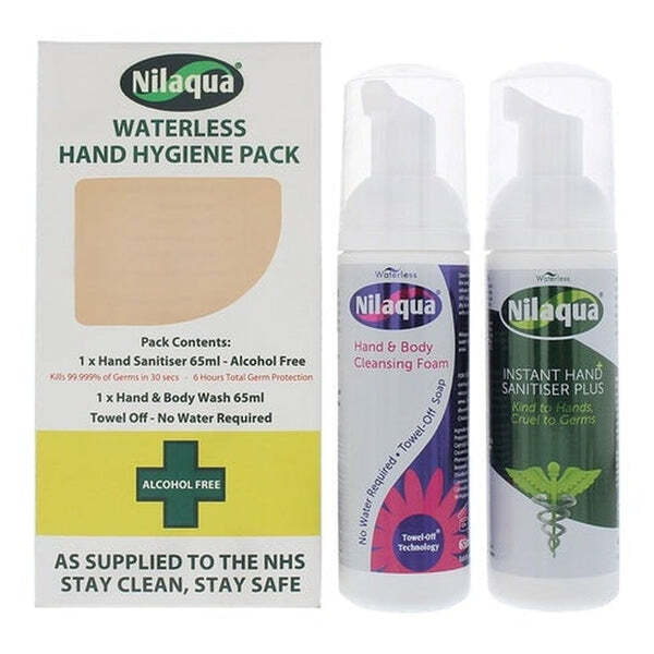 Kit de higiene de manos sin agua Nilaqua: desinfectante de 65 ml + jabón de 65 ml.