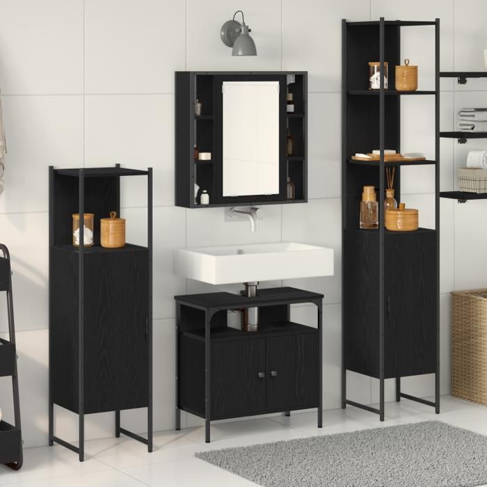 Conjunto de muebles de baño - Roble negro - 4 piezas - Estilo contemporáneo - Acabado mate