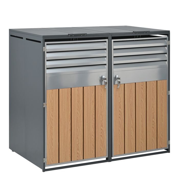 Cobertizo para contenedores HOMVRA, tapa de 2 compartimentos con tapa hidráulica y 2 puertas ventiladas, acero, gris y madera.