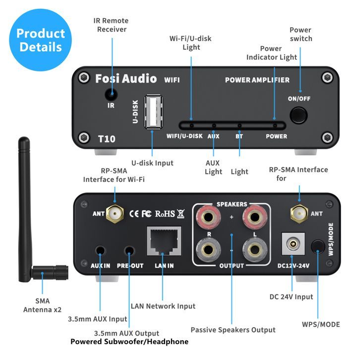 Amplificador estéreo inalámbrico - RNCYN - T10 - 100W - HiFi - Cine en casa - Control remoto - Unidad USB - Negro - Metal