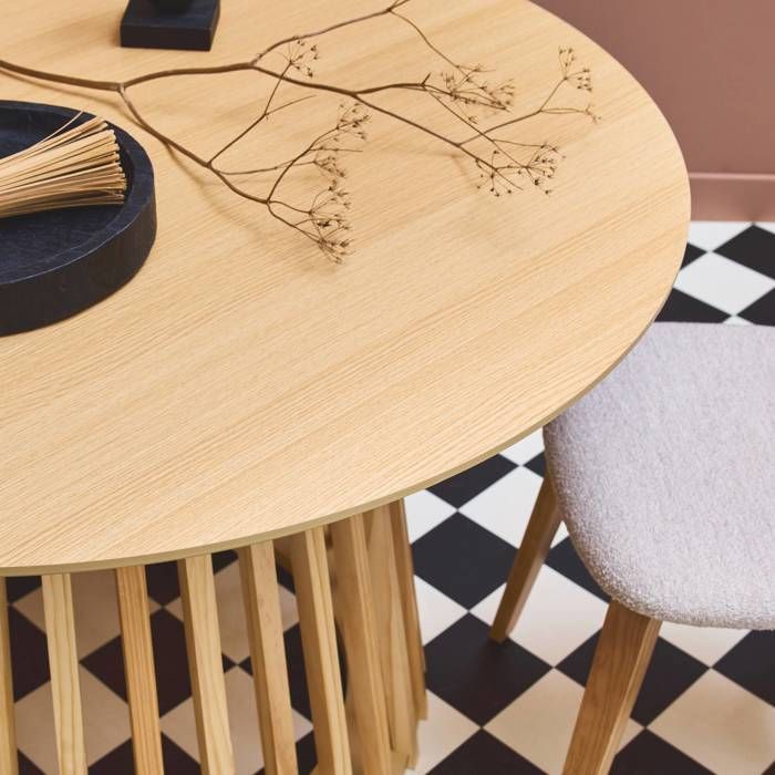 Mesa de comedor con efecto madera de roble y patas de madera de abeto, capacidad para 4 personas, Ø120cm