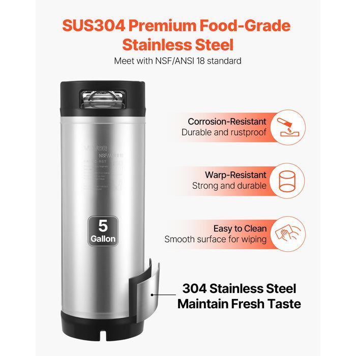Fusto per birra alla spina VEVOR da 19 litri - Fusto per soda con attacco a sfera - Fusto pressurizzato in acciaio inox SUS304 - per birra a freddo