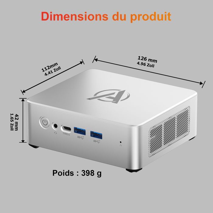 AWOW Mini-PC: AMD Ryzen 5 7430U (6 kjerner, opptil 4,3 GHz), 16 GB DDR4 RAM, 512 GB PCIe 3.0 SSD, Windows 11 Pro, Radeon-grafikk