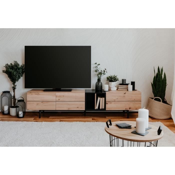 Meuble TV 3 abattants - Décor chêne et noir - L 195 x P 37 x H 48 cm - NOLA