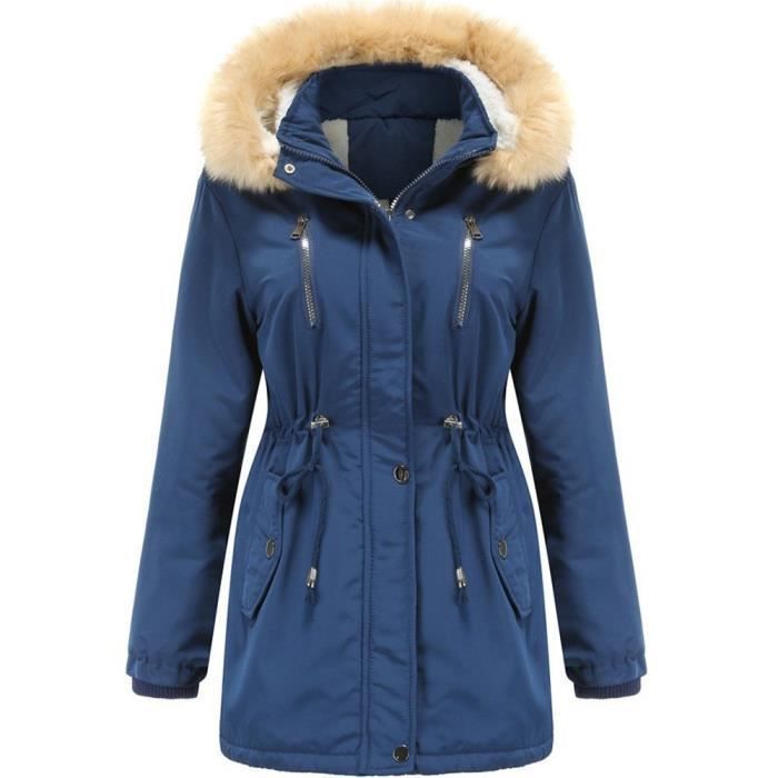 Doudoune polaire Femmes hiver chaud avec capuche col en fausse fourrure Coupe-Vent XD612 Bleu