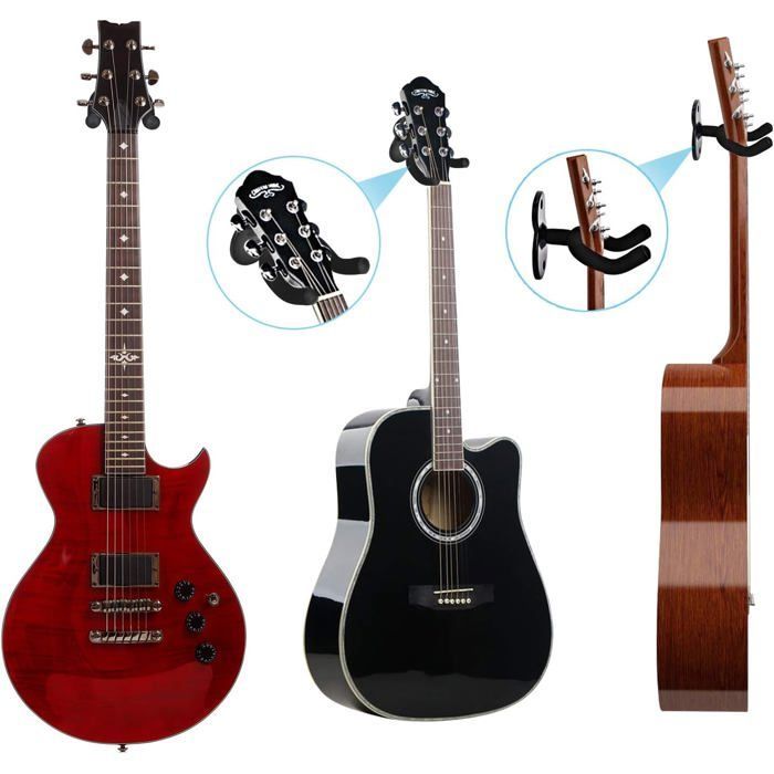 Wall mount for acoustic guitar, classical guitar, bass, electric guitar, 2-pack Black