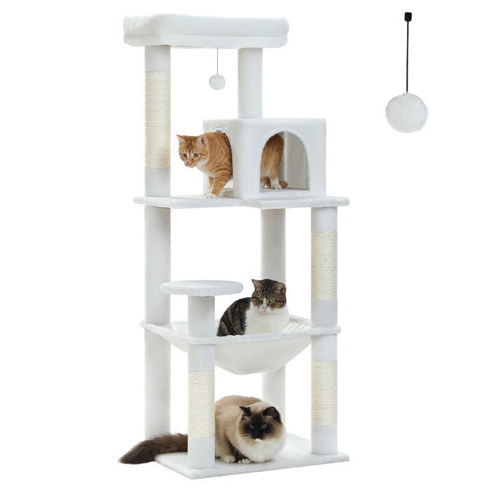 PAWZ Road Arbre à chat Design Spacieux Grande Hamac Dur Stable Avec hamac et belle maison pour chat - Blanc - 143 cm