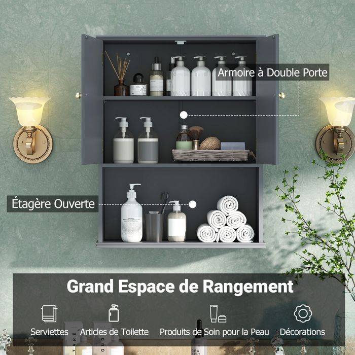 COSTWAY Meuble Mural Salle de Bain avec 2 Portes, Étagère Réglable, Compartiment Ouvert, pour Toilette, Buanderie, Salon, Gris