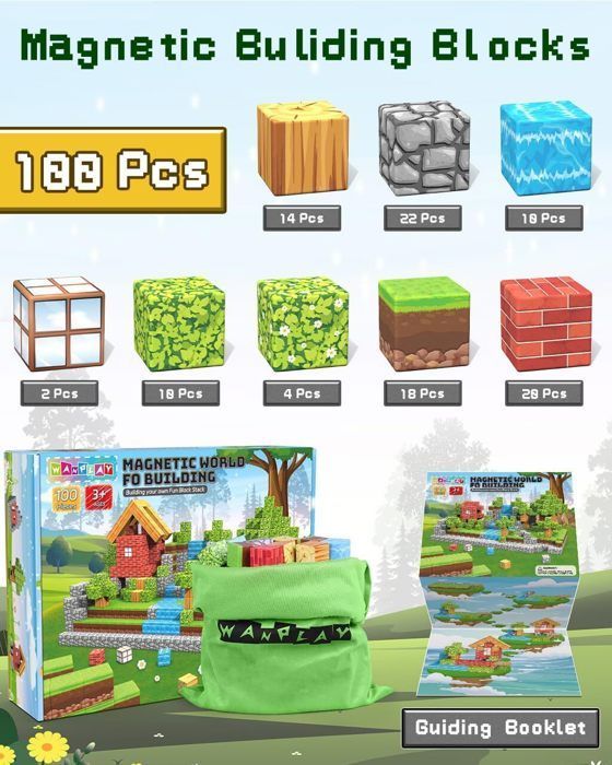 100 Pièces Blocs de Construction Magnetique Enfant, Build Mine Magnet World, Jeux Magnétiques pour Enfants 3 4 5 6 7 8 Ans