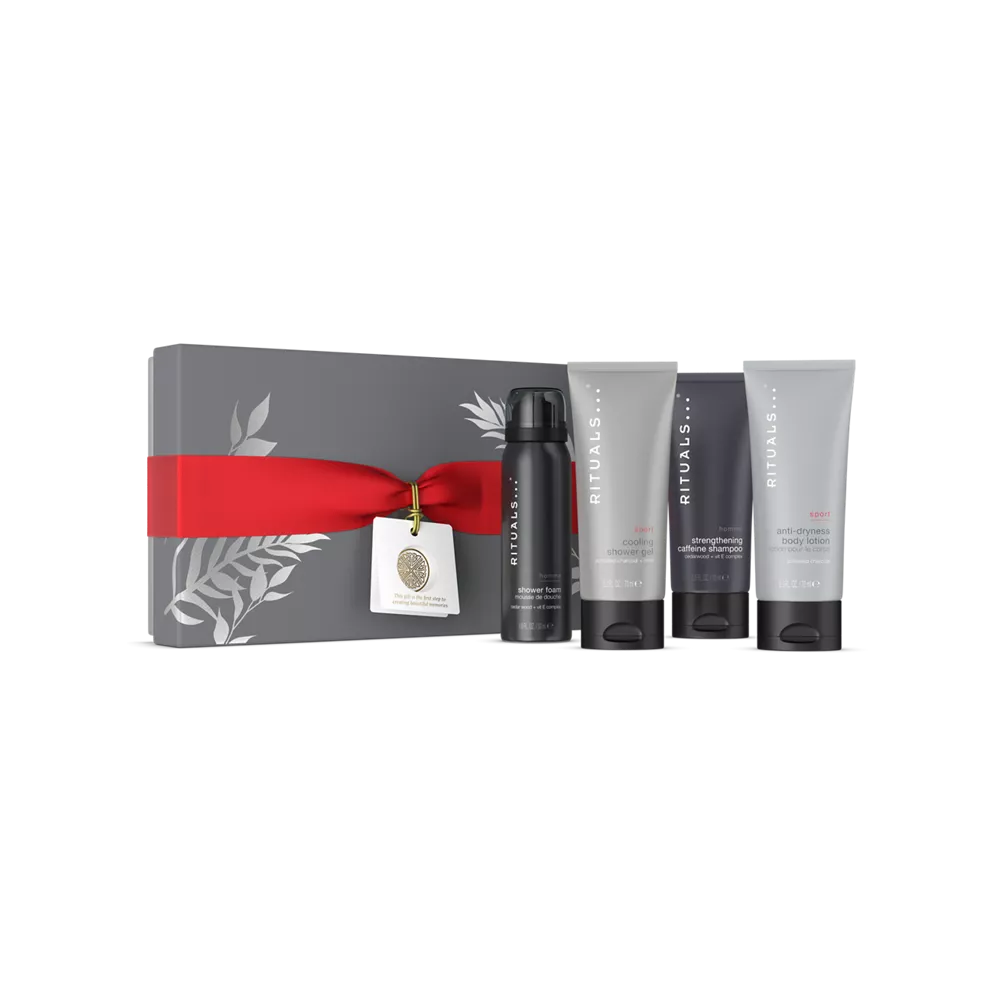 Coffret cadeau Homme S : gel douche moussant 50 ml, shampoing 75 ml, gel douche rafraîchissant 70 ml, lait corporel 70 ml