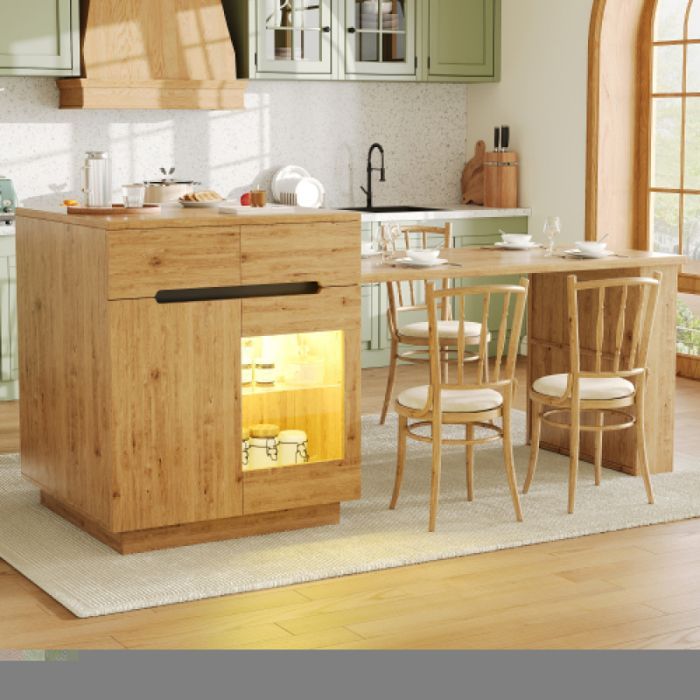 Îlot de cuisine avec table extensible, éclairage LED, finition effet chêne, tiroirs, porte vitrée et espaces de rangem ILOT CENTRAL